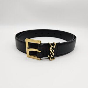 Saint Laurent YSL Cassandre Belt in Black Leather with Gold Hardware